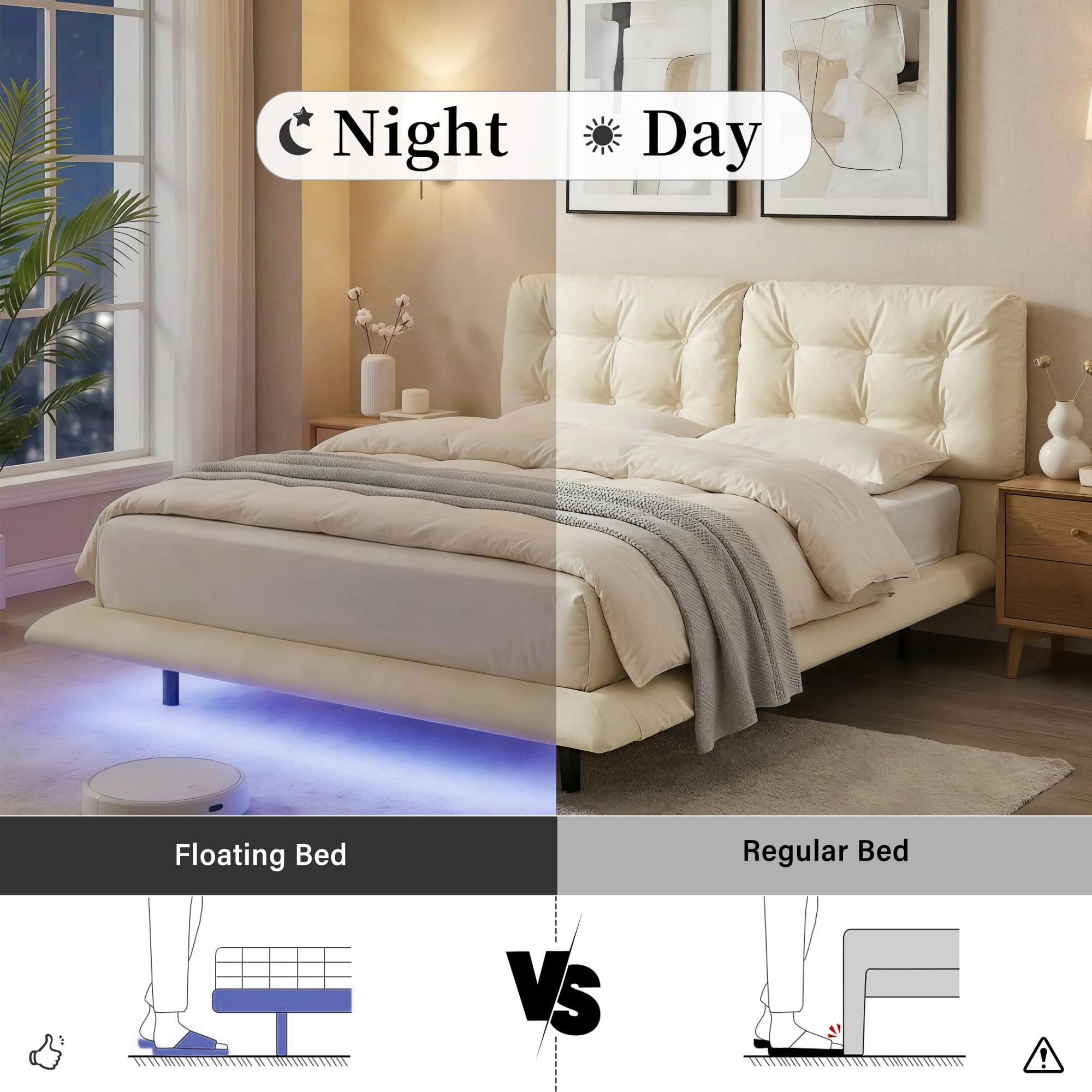 Bellemave® Upholstered Floating Bed with LED Light, Queen Size Wood Platform Bed Frame with Headboard Bellemave®