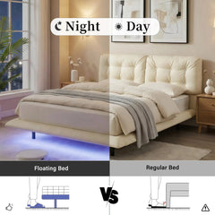 Bellemave® Upholstered Floating Bed with LED Light, Queen Size Wood Platform Bed Frame with Headboard Bellemave®