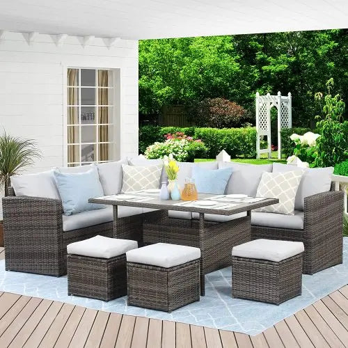 Bellemave 7-Pieces PE Rattan Wicker Patio Dining Sectional Cusions Sofa Set with Cushions Bellemave