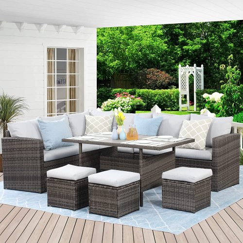 Bellemave 7-Pieces PE Rattan Wicker Patio Dining Sectional Cusions Sofa Set with Cushions