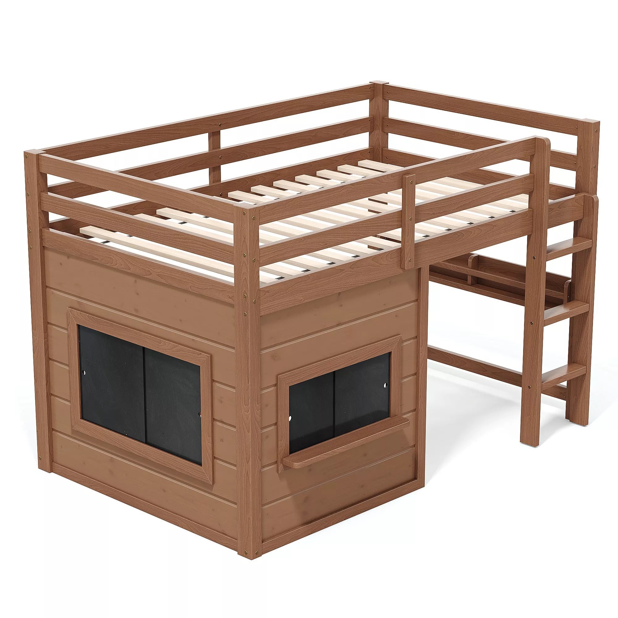 Bellemave® Twin Size Low Loft Bed with Storage Shelves for Kids,Kids Low Loft Bed Frame with Chalkboard and Bookshelf for Boys,Girls,Solid Wood,Gray Bellemave®