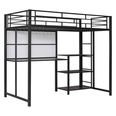 Bellemave® Metal Loft Bed with Desk and Whiteboard, 3 Shelves and Ladder