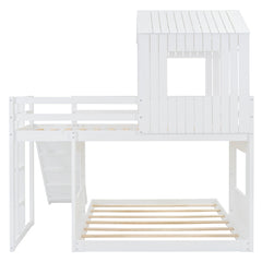 Bellemave® Twin over Full House Bunk Bed with Playhouse, Farmhouse and Ladder, Slide and Guardrails