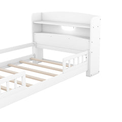 Bellemave® Wood Platform Bed with Built-in LED Light, Storage Headboard and Guardrail