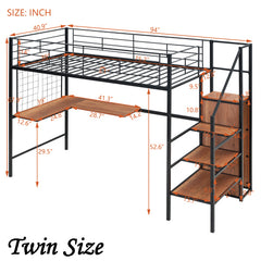 Bellemave® Metal Loft Bed with Desk and Metal Grid, Lateral Storage Ladder and Wardrobe