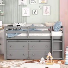 Bellemave® Low Loft Bed with Retractable Writing Desk and 4 Drawers,Lateral Portable Desk and Shelves Bellemave®