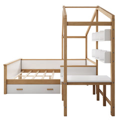 Bellemave® Full Size Wooden House Bed White and Original Wood Color Frame with Drawer