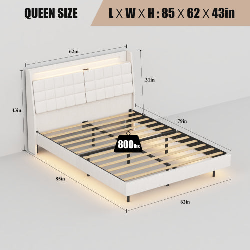 Bellemave® Floating Upholstered Platform Bed with LED Light and Charging Station