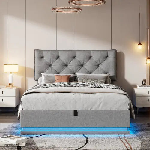 Bellemave® Upholstered Bed with Hydraulic Storage System and LED Light, with Button-tufted Design Headboard Bellemave®