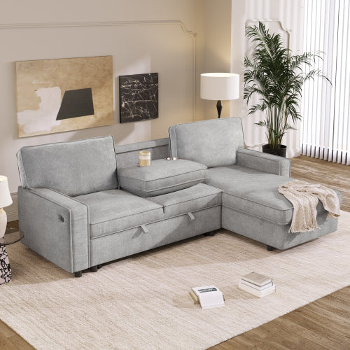 Bellemave 89" Upholstery Sleeper Sectional Sofa with Storage Space, USB port, 2 cup holders on Back Cushions