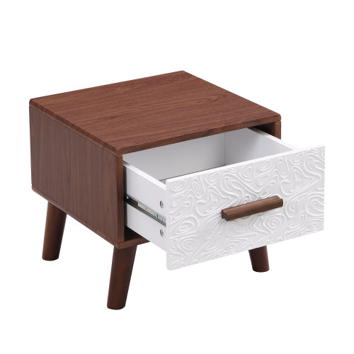 Bellemave® Square End Table with 1 Drawer Adorned with Embossed Patterns, Wood Legs and Handles