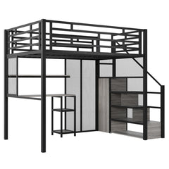 Bellemave® Full Size Metal Loft Bed with Wardrobe, Desk, Storage Shelves