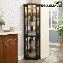 Bellemave® Corner Curio Cabinet with Tempered Glass Doors and Adjustable Shelves, Wine Bar China Cabinet for Living Room Liquor Storage Bellemave®