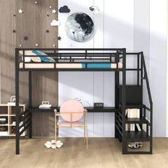 Bellemave® Full Size Metal Loft Bed with Desk, Storage Stairs and Small Wardrobe