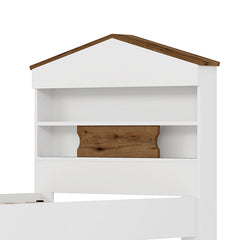 Bellemave® Twin Size House-Shaped Wooden Bed with Storage Shelf on the Headboard, Built-in Two Storage Drawers