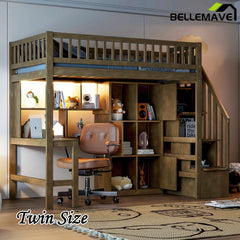 Bellemave® Twin Size Wood Loft Bed with Built-in Desk, LED, Storage Shelves, Cabinets and Staircase