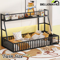 Bellemave® Metal Floor Bed with Safety Fence, Desk and Storage Shelves