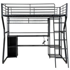 Bellemave® Full Size Metal Gaming Loft Bed with Built-in Work Station, Open Wardrobe, LED and Multiple Storage