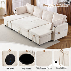 Bellemave® 111.8" Sectional Sofa Pull-Out Sofa Bed with Large Storage Space, Two USB Ports and Two Cup Holders