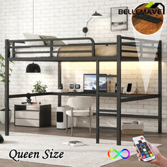 Bellemave® Queen Size Metal Loft Bed with Power Outlet and LED Lighted