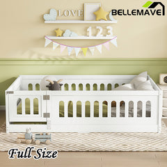 Bellemave® Solid Wood Floor Bed with Heightened Safety Guardrails and Door, No Slats Included