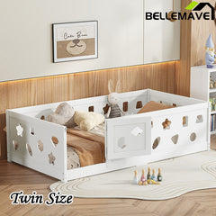 Bellemave® Solid Wood Floor Bed with Heightened Safety Guardrails and Door(No Slats Included)