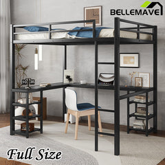 Bellemave® Full Size Metal Loft Bed with Desk and Shelves, Ladder and Guardrails