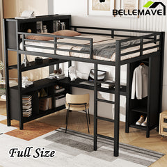 Bellemave® Full Size Metal Loft Bed with Wardrobe And L-shaped Desk,  Storage Cubes and Shelves