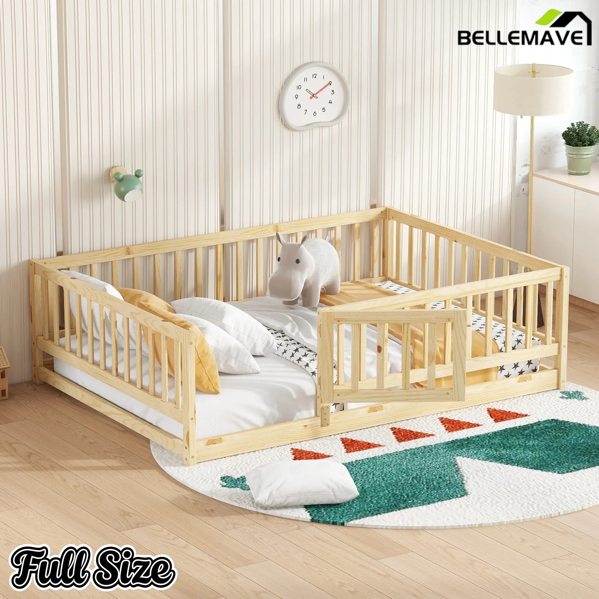 Bellemave® Twin Size Floor Bed Frame with Door and Slats,Wood Kids Montessori Floor Bed with Safety Guardrails Bellemave®