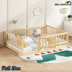 Bellemave® Twin Size Floor Bed Frame with Door and Slats,Wood Kids Montessori Floor Bed with Safety Guardrails Bellemave®