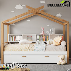 Bellemave® Wooden House Bed with Original Wood Color Frame with Trundle Bed and Bookshelf Storage Space