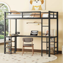 Bellemave® Metal Loft Bed with Desk and Shelves