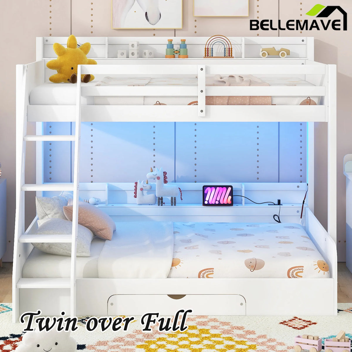 Bellemave® Twin over Full Bunk Bed with Storage Shelves, LED, Charging Station and a Drawer