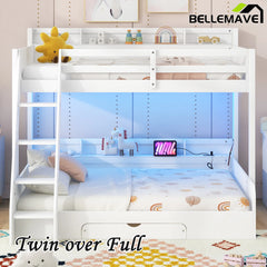 Bellemave® Twin over Full Bunk Bed with Storage Shelves, LED, Charging Station and a Drawer