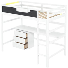 Bellemave® Twin Size Loft Bed with Desk, Blackboard and Storage Box, Shelf and 3 Drawers