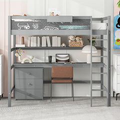 Bellemave® Twin Size Loft Bed with Desk, Blackboard and Storage Box, Shelf and 3 Drawers