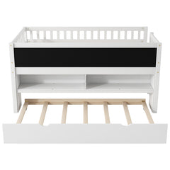 Bellemave® Twin Size Wood Low Loft Bed with Storage Shelves, Blackboard and Trundle