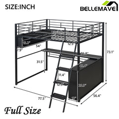 Bellemave® Metal Loft Bed with LED, Desk and 4 Storage Shelves