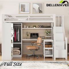 Bellemave® Metal Loft Bed With Desk, USB Ports, 5-Layer Shelf, Wardrobe and Stepped Stairs