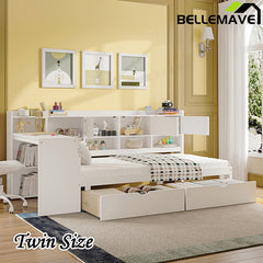 Bellemave® Wooden L-Shape Daybed with Seven Storage Cabinets and Two Storage Drawers, Study Desk and Built-in Bookshelf