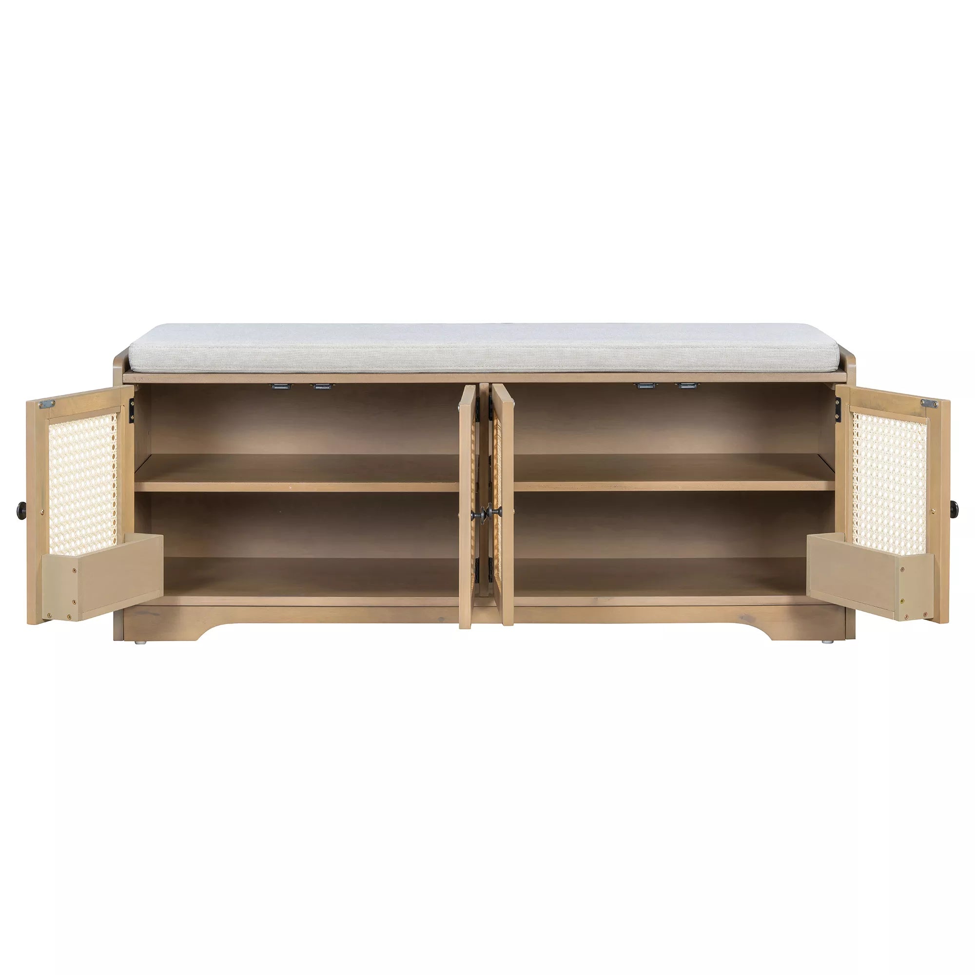 Wood entryway shoe bench with doors open and storage shelves