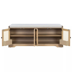 Wood entryway shoe bench with doors open and storage shelves
