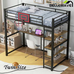 Bellemave® Twin Size Metal Loft Bed with Shelves, Desk and Basketball Hoop