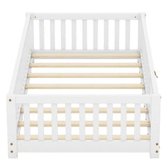 Bellemave® Twin Size Montessori Floor Bed with Safety Guardrails and Door