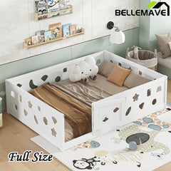 Bellemave® Solid Wood Floor Bed with Heightened Safety Guardrails and Door(No Slats Included)