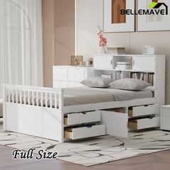 Bellemave® Full Size Captain Platform Bed with Storage Bookcases and Shelves,Four Drawers