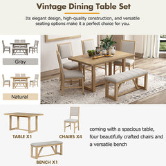 Bellemave® 6-Piece Retro Dining Set, 1 Rectangular Table with Designed Trestle Base and 4 Upholstered Chairs and 1 Bench