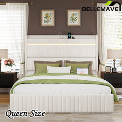 Bellemave® Queen Size Upholstered Platform Bed with Storage Upholstered Headboard and 4 Drawers,LED Lights & Charging Station