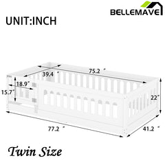 Bellemave® Solid Wood Floor Bed with Heightened Safety Guardrails and Door, No Slats Included