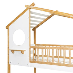 Bellemave® Twin Size House Bunk Bed Wood Bed with Roof, Window, Ladder